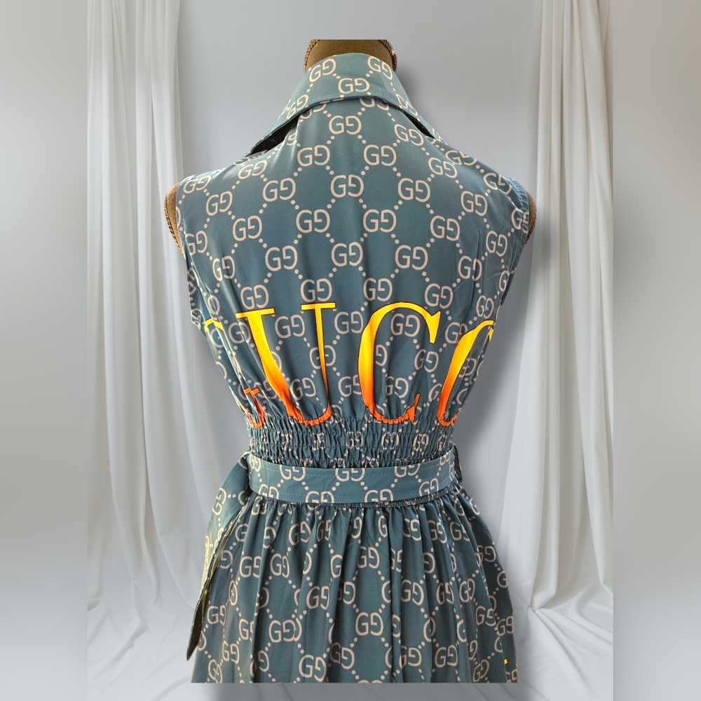 Blue Patterned Maxi Dress with Belt - Picture 7 of 8